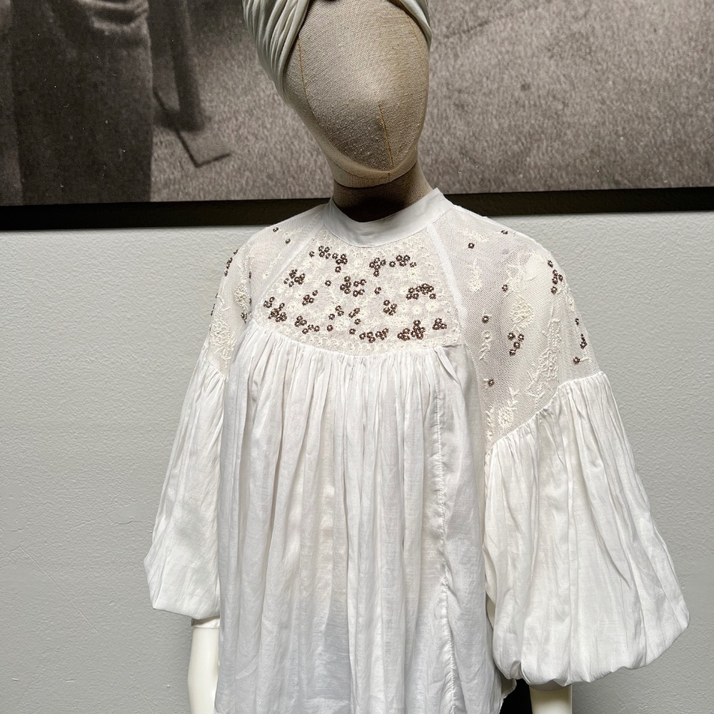 Free People Womens Top Have It My Way Pleated Embroidered Beaded Blouse Ivory XS